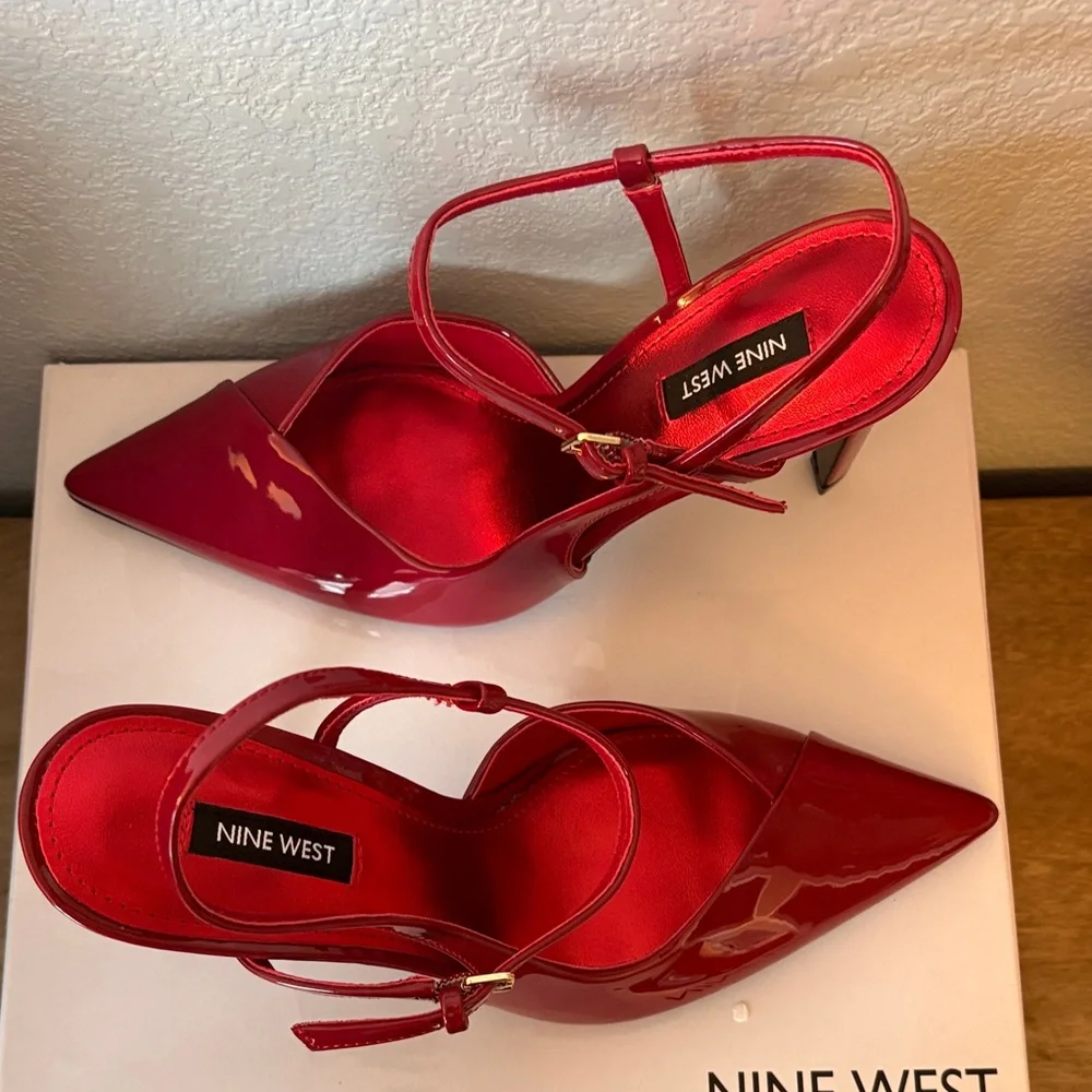 Nine West Red Patent Pointed-Toe Stiletto Heels with Ankle Straps - Picture 2 of 8